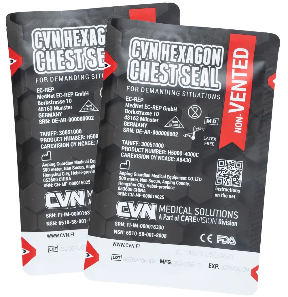 CVN Medical Solutions Ensiapu ^ CVN Hexagon Chest Seal venttiilitön ilmarintasidos, 2-Pack